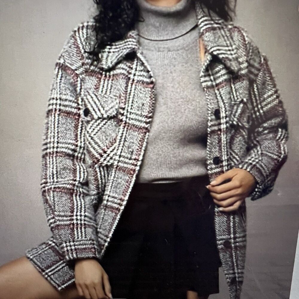 Anthropologie Greylin Plaid Fuzzy Knit Jacket Pink Gray Button Down Large NWT